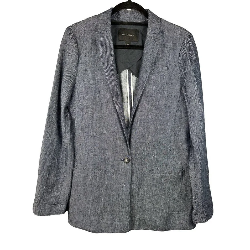 BANANA REPUBLIC Womens Chambray 100% Linen Boyfriend Blazer Size 6 Blue - Picture 2 of 7